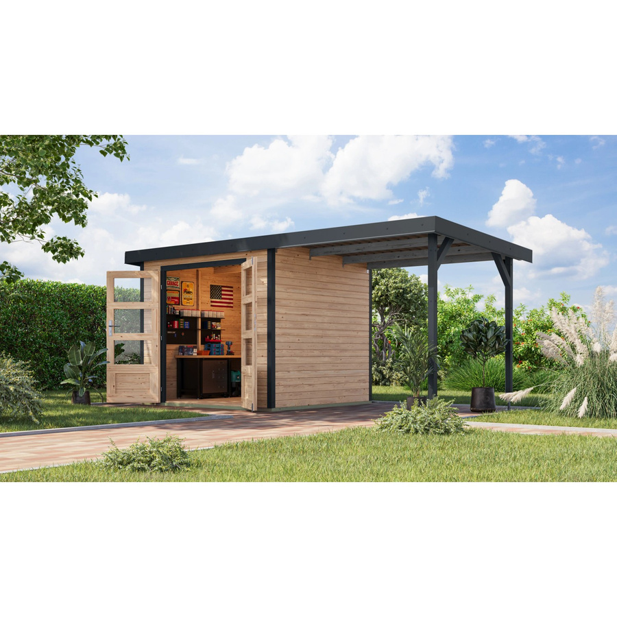 Karibu Gartenhaus Ernesto mit Anbaudach in Natur und Anthrazit, B/T/H: 209 x 238 x 213 cm - Bild 2