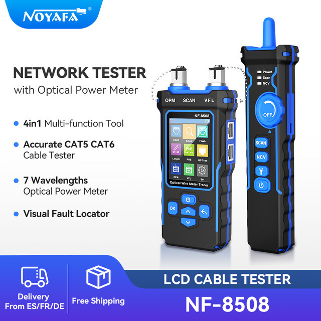 NOYAFA NF-8508 Kabeltester mit LCD, Längenmessung, Wiremap, PoE-Test, VFL und OPM für CAT5 CAT6 RJ45 in Blau - Bild 1