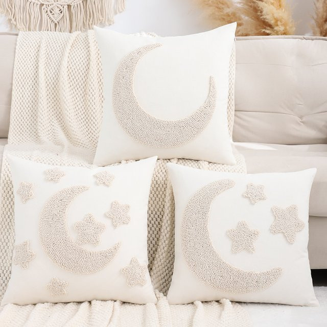 Miater Ramadan Kissenbezug aus Leinwand mit Mond und Sternen in Weiß, B/H: 45 x 45 cm - Bild 1