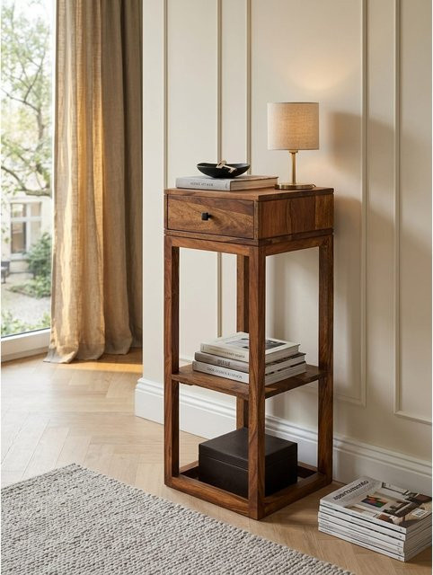 Beistelltisch aus Massivholz von KADIMA DESIGN in Braun mit Schublade, B/T/H: 35 x 35 x 90 cm - Bild 1