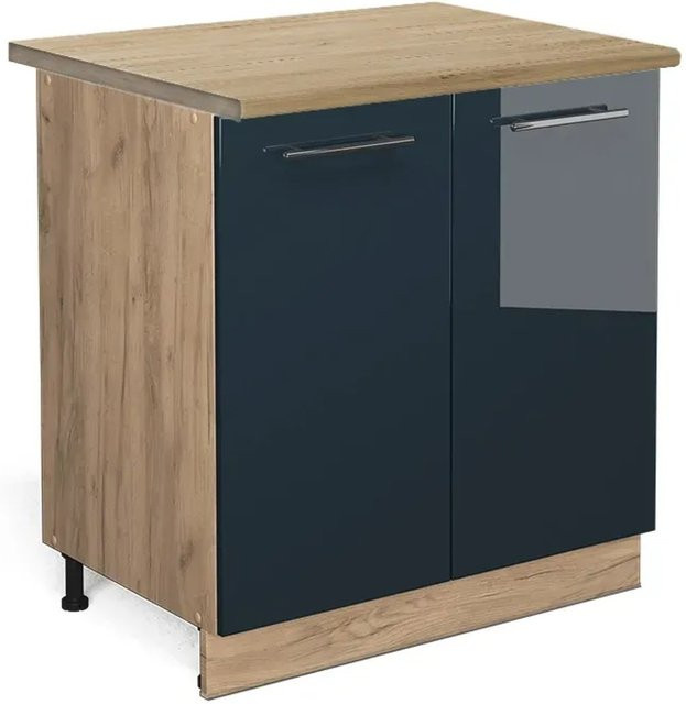 Vicco Spülenunterschrank Fame-Line Dunkelblau Hochglanz und Goldkraft Eiche mit Regal und Arbeitsplatte Breite: 80 cm - Bild 1