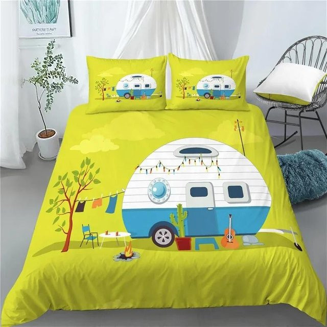 Happy Camping Bettwäsche Set Queen mit 3D Cartoon Bauernhaus Design, gelb, B/H: 135 x 200 cm - Bild 1