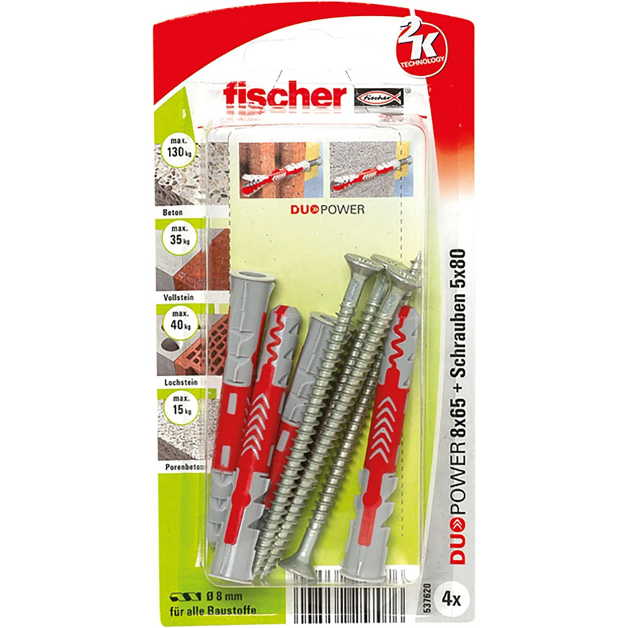 Fischer DuoPower Universal Dübelset mit Schrauben, Durchmesser: 8 mm, Länge: 65 mm, Mehrfarbig - Bild 3