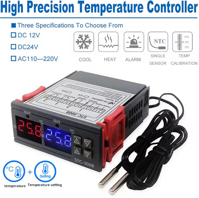 STC-3008 Dual Digital Temperatur Controller von RUIBOZHI in Schwarz mit zwei Relais Ausgängen und Sonde - Bild 1