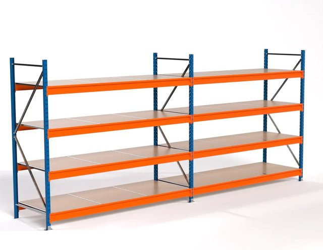 PROREGAL Industrie Weitspannregal MAXIMUS PRO Lagerregal mit 2 Feldern und 4 Spanplatten-Fachböden, Blau/Orange, H x B x T: 200 x 450 x 80 cm - Bild 1