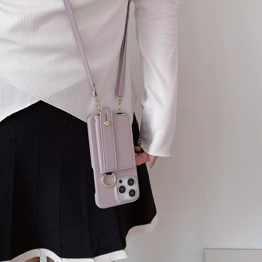 Crossbody Handyhülle mit Armband und Kartenhalter für Apple iPhone 15 14 13 12 11 Pro Max Mini Plus in Beige aus Leder - Bild 3