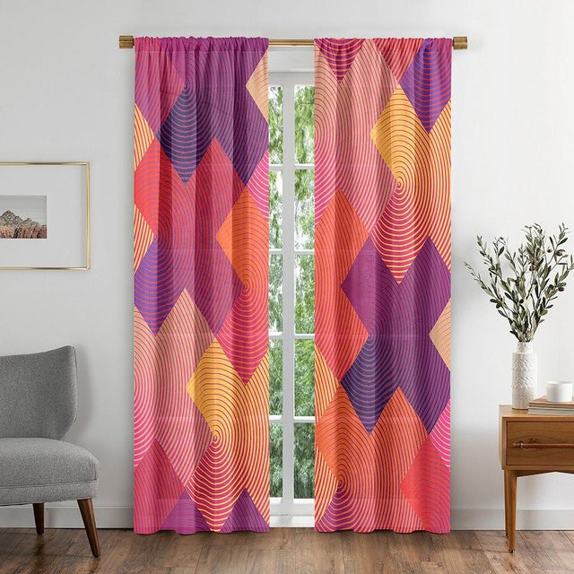 Stilvolles Blackout-Fenstervorhang Set mit Line-Art Design, abstraktes geometrisches Muster, thermoisolierend, Farbe: Schwarz/Mehrfarbig, B: 70 cm, H: 165 cm, 2 Stück inklusive Haken - Bild 1