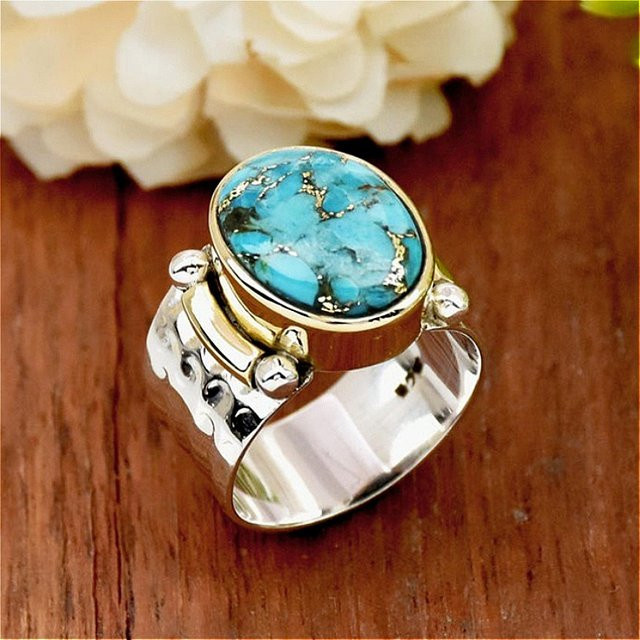 YoYo Ring, versilbert, Synthetik-Türkis, Vintage, Damen - Bild 1