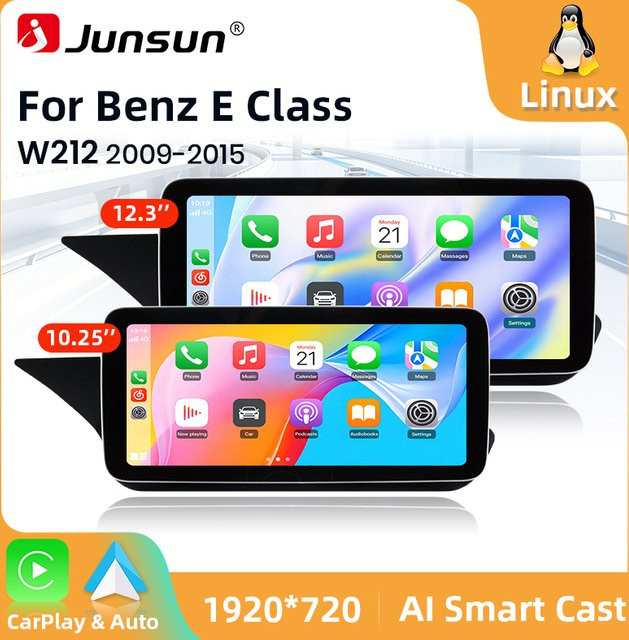 Junsun Multimedia-Player für Mercedes Benz E-Klasse W212 (2009-2016) mit 12,3 Zoll Touchscreen, Linux-System, kabelloses Apple CarPlay, Android Auto, GPS, Bluetooth und Wi-Fi in Schwarz - Bild 1