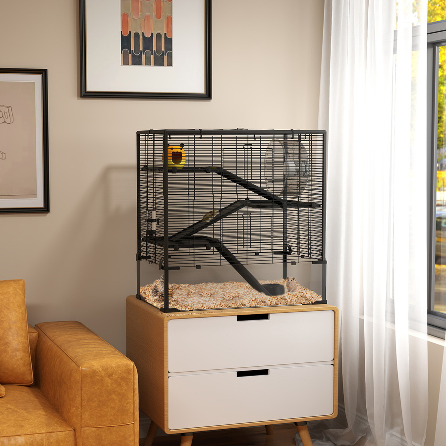PawHut Hamsterkäfig für Zwerghamster in Schwarz mit Glasboden, Hütte, Laufrad und Rampen, B/T/H: 78,5 x 48,5 x 80 cm - Bild 2