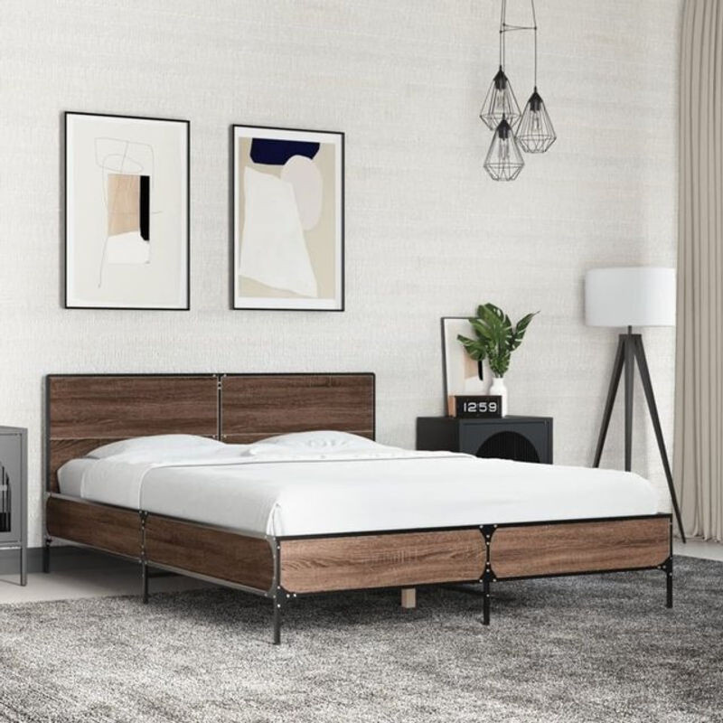 Vidaxl Einzelbett Bettgestell in Braun mit Eichen-Optik aus Holzwerkstoff und Metall im Industrial-Design, B: 140 cm, L: 190 cm - Bild 1