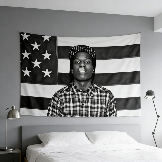 Asap Rocky Rakim Mayers Wandteppich von JMG Household Supplies in Schwarz Weiß Grau, Hip Hop Rap Musik Wandflagge für dein Schlafzimmer oder Wohnheim, B: 60 cm, H: 40 cm - Bild 1