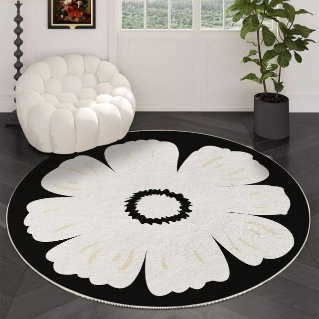 Runder Teppich von CSQ Five in Schwarz-Weiß mit floralem geometrischem Kunstmuster, weich und rutschfest, Durchmesser: 100 cm - Bild 1