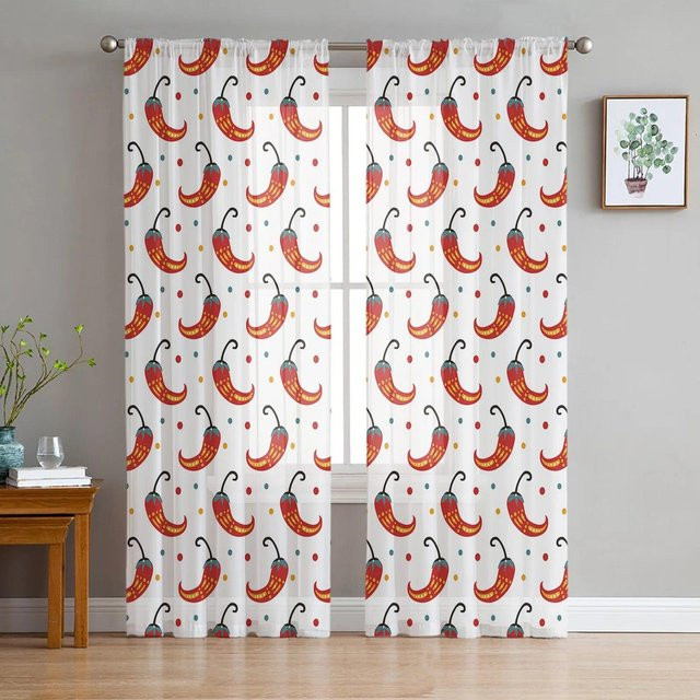 A Family Of Home Textiles Transparente Tüll-Vorhänge mit Mexikanischem Paprika-Motiv in Weiß, B: 135 cm, H: 114 cm - Bild 1