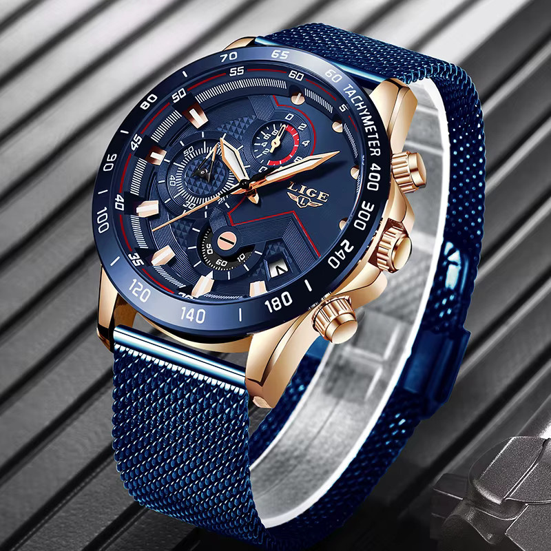 LIGE Chronograph Armbanduhr, Quarz, Edelstahl, Roségold, Blau, Herren - Bild 2