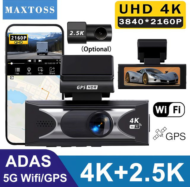 Maxtoss Dual Dash Cam mit 4K UHD Vorne und 2,5K Hinten, WIFI und GPS, Schwarz - Bild 1