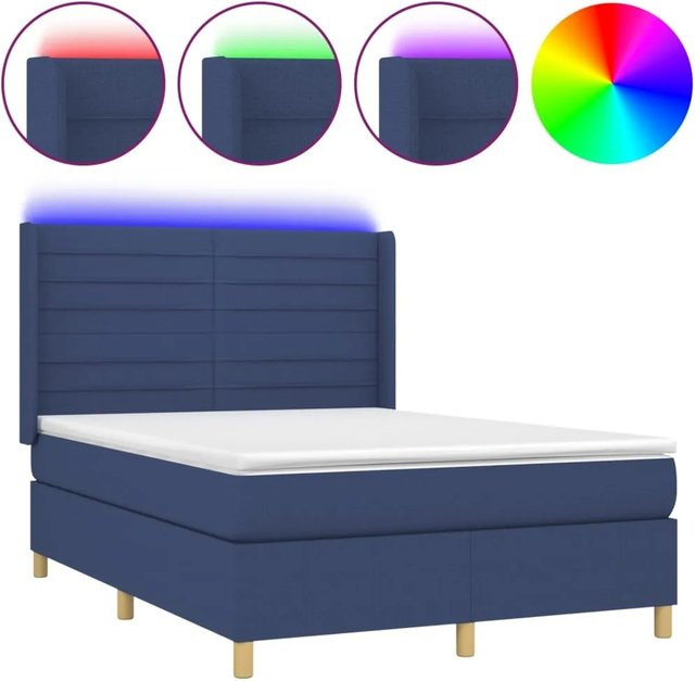 vidaXL Boxspringbett mit Matratze in Blau und Weiß, Hybrid-Bett mit LED-Unterbettbeleuchtung und USB-Ladeport, Stoffbezug, B/T: 140 x 200 cm - Bild 1
