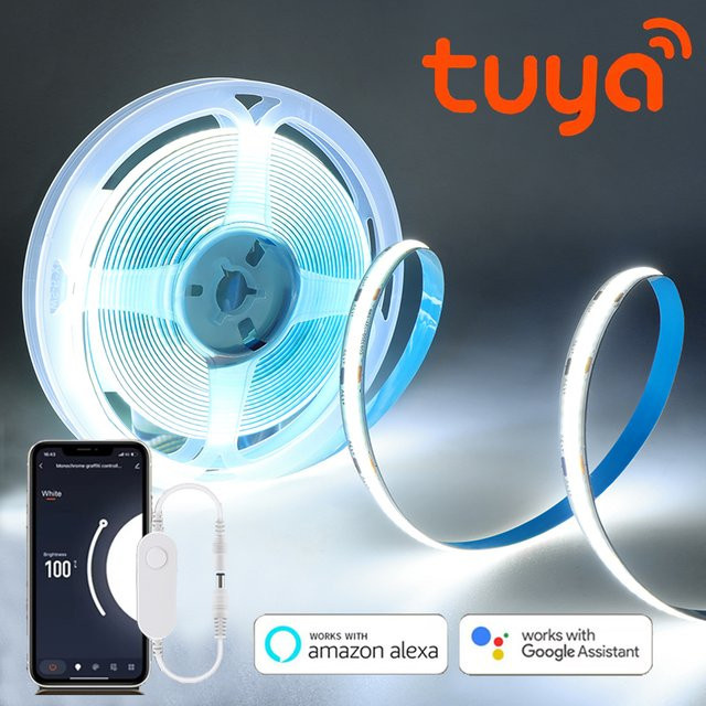 Tuya Wifi COB LED Streifen 12V in Weiß mit hoher Lichtdichte (320 LEDs/m) und RA90 für Hintergrundbeleuchtung und Raumdekoration, kompatibel mit Alexa und Google Assistant - Bild 1