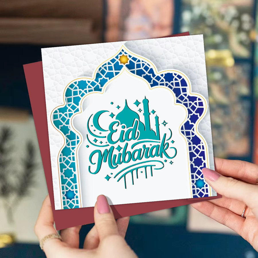 Eid Mubarak Grußkarte mit Moschee-Kuppel-Design und Umschlag für Ramadan und Eid Al-Fitr, Mehrfarbig - Bild 4