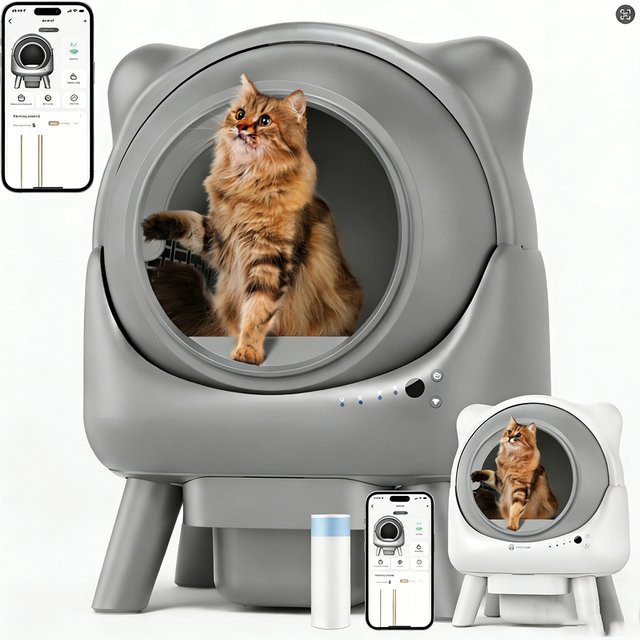 Amicura CuraX1 80+8L Selbstreinigende Katzentoilette mit Offenem Deckel und APP-Steuerung für große Katzen in Weiß oder Grau - Bild 1
