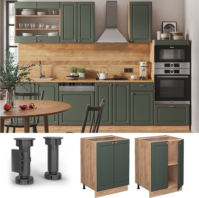 Vicco Küchenunterschrank Fame-Line Landhaus Eiche Grün-Gold mit Softclose-Scharnieren und Einlegeboden Breite: 60 cm, Höhe: 82 cm, Tiefe: 51,6 cm - Bild 1