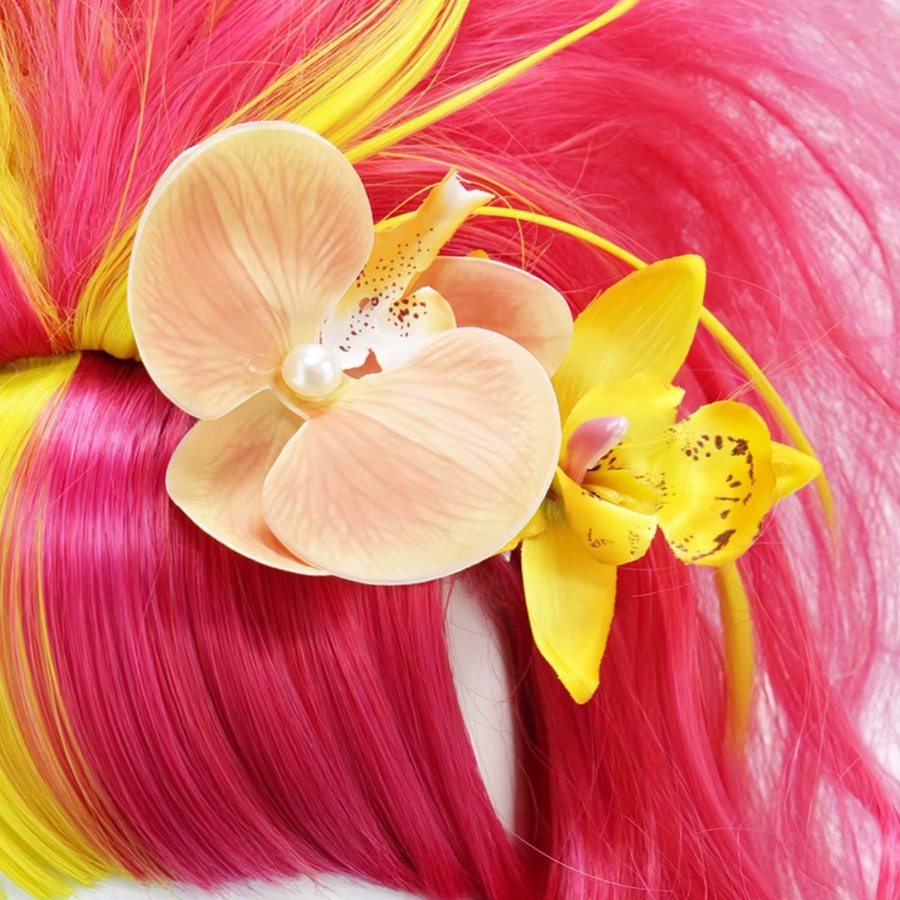 Anxin Kunsthaarperücke, Gelb-Rosa/Blau-Grün, Locken mit Orchideen-Dekoration - Bild 3