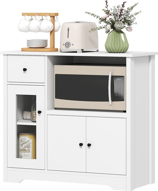 Aosom HOMCOM Küchenschrank Sideboard mit Mikrowellenregal, weißer Aufbewahrungsschrank mit 3 Türen, Schublade und verstellbaren Ablagen für Küche, Esszimmer oder Wohnzimmer - Bild 1