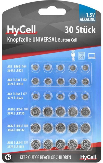 HyCell Alkaline Knopfzellen-Set, 30-teilig, Silber - Bild 1