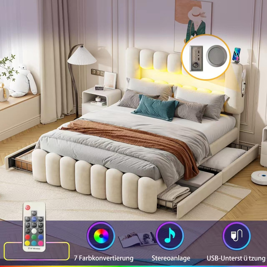 Flieks Polsterbett mit LED, Stauraumbett mit 4 Schubladen, USB-Ladefunktion und höhenverstellbarem Kopfteil, beige, B/T/H: 160 x 200 cm - Bild 4