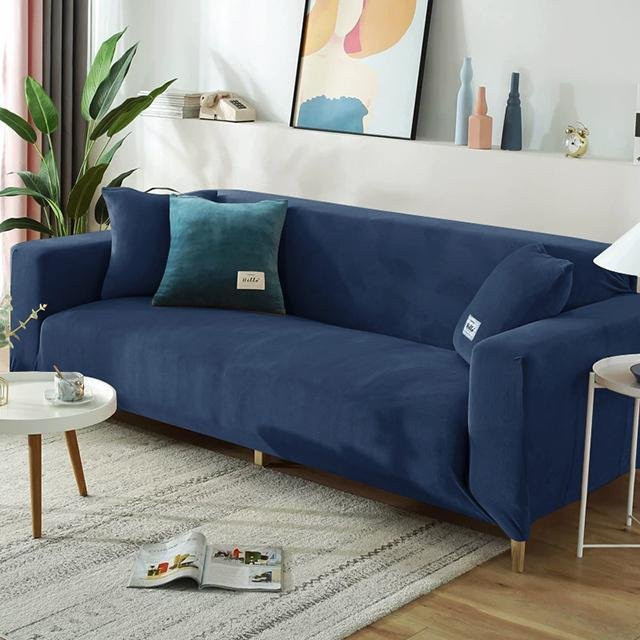 BRHUIXUE Samt Sofabezug für Couch und Chaiselongue, elastischer Möbelbezug in Navy Blau, Breite: 90 cm bis 140 cm - Bild 1