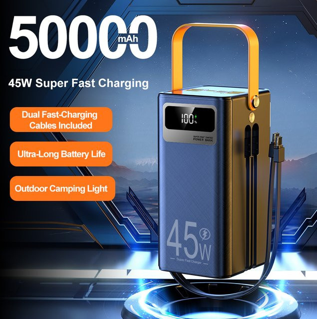 GerTong Powerbank 50000mAh mit 45W Schnellladung, digitale Anzeige und LED-Licht, Schwarz - Bild 1