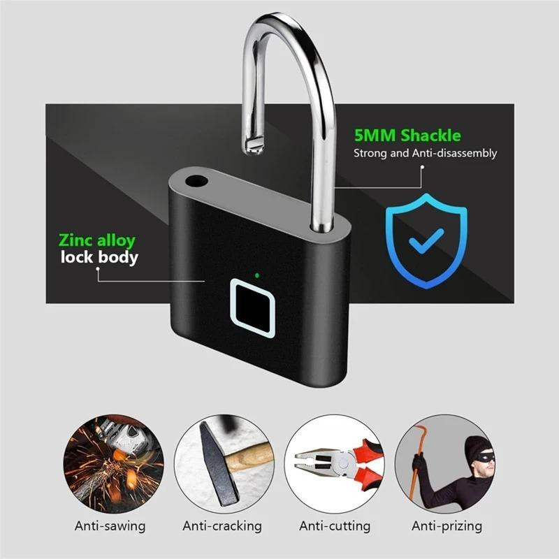 Schlüsselloses Smart-Fingerabdruck-Vorhängeschloss in Schwarz mit USB-Aufladung und wasserdichter Funktion für schnelles Entsperren in 0,2 Sekunden - Bild 4