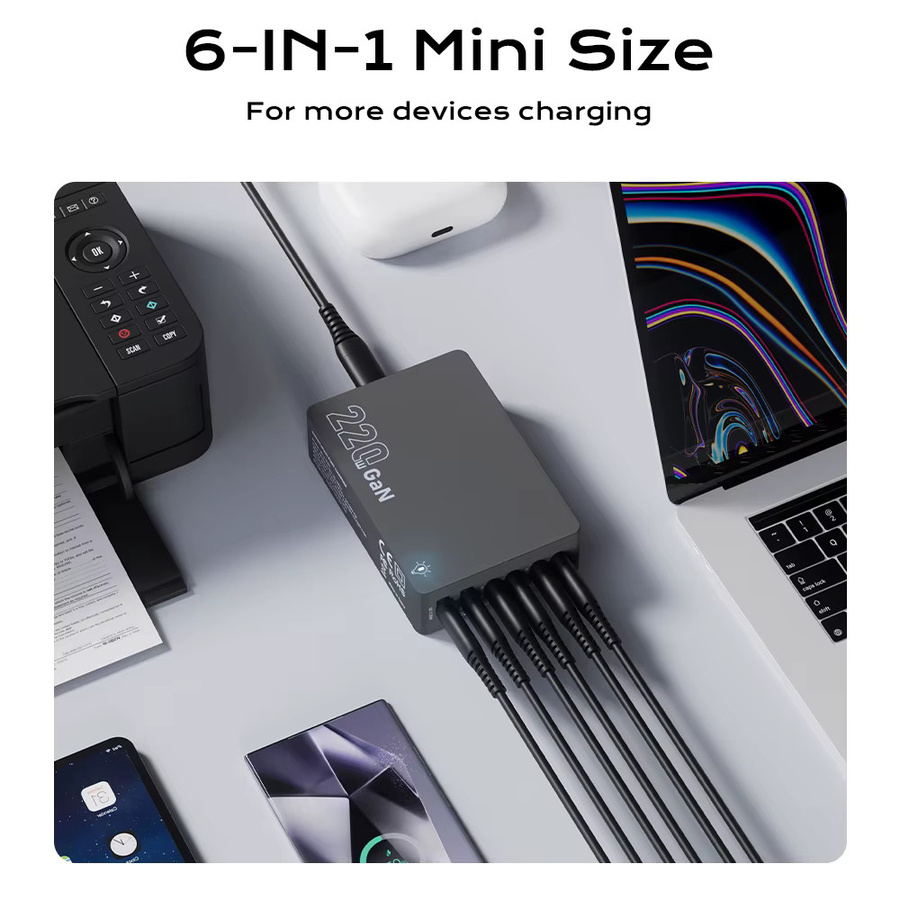 ASOMETECH 220W GaN Desktop-Ladegerät mit 6 Anschlüssen, PD 100W USB-C und QC 3.0 Schnellladestation für iPhone, Tablet, MacBook und Samsung Laptop - Bild 5