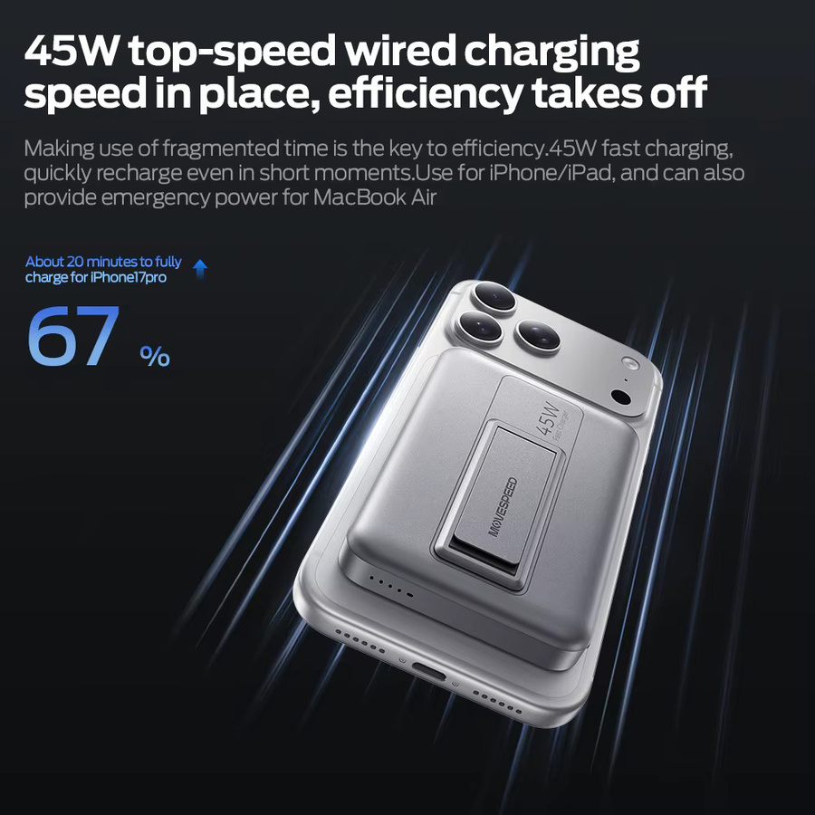 MOVESPEED JP387Pro Qi2.2 Magnetische Kabellose Powerbank 10000mAh mit USB-C PD 45W Schnellladung in Silber - Bild 2