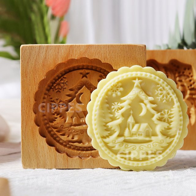 Cippes Holz Plätzchenform Mondbaum Muster Braun, runder Ausstecher für Kekse und Fondant - Bild 1