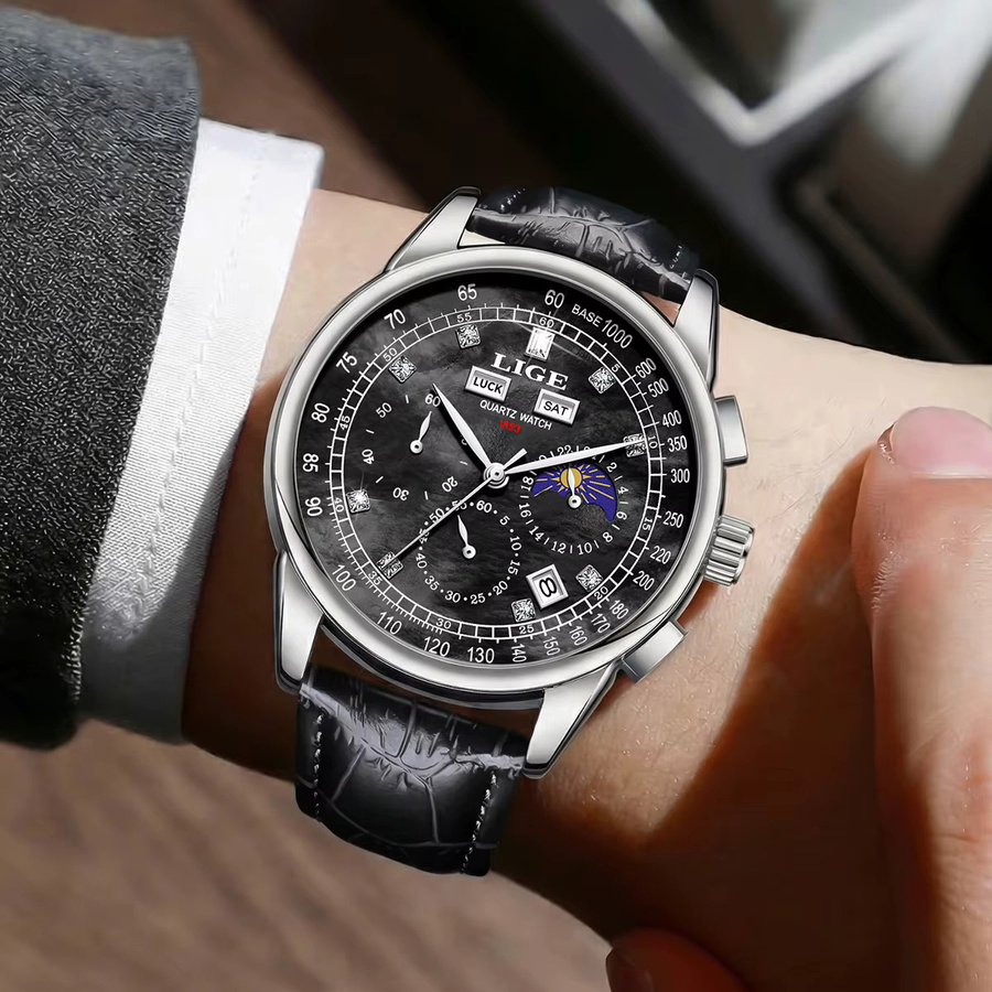 LIGE Chronograph Armbanduhr, Quarz, Blau, Leder, Herren - Bild 5