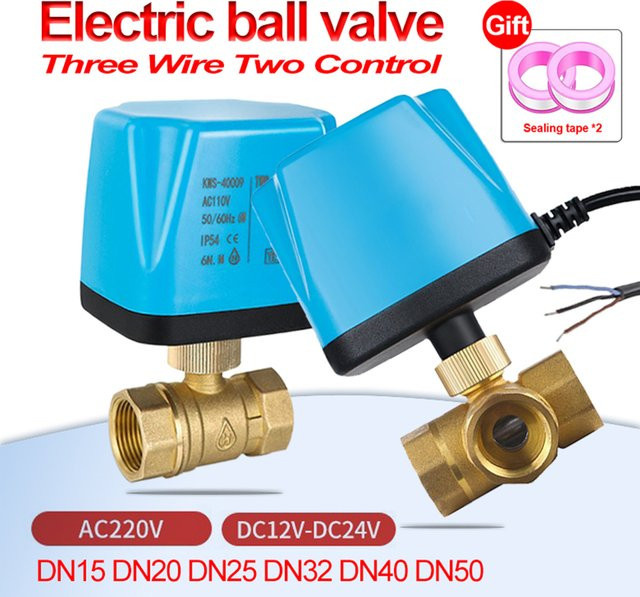 Elektrischer Kugelhahn für Solar-Klimaanlagen und Fan Coils, Drei-Draht Zwei-Control, AC220V DC12V-24V, Farbe: Brushed Brass/Blau - Bild 1