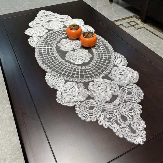 Yiran Furniture Ovale Jacquard Tischdecke aus Spitzenstoff mit floralem Muster in Weiß, B/T: 40 x 40 cm - Bild 1