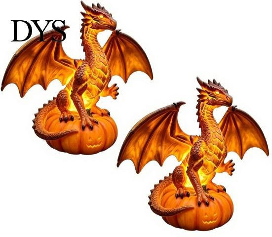 Arpege Solar-Gartenlicht Drache Set aus Harz in Orange für Halloween und gotische Dekoration - Bild 1
