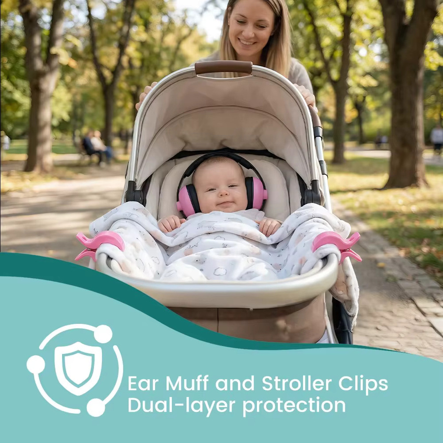momo&dudu Baby-Ohrenschützer und Kinderwagen-Clips-Set mit 25 dB Lärmreduzierung in Weiß und Pink - Bild 2