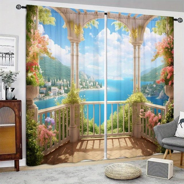 Balkon Landschaft bedruckter Vorhang von Household supplies MH, 2er-Set, halbtransparent, mehrfarbig, B: 107 cm, H: 160 cm - Bild 1