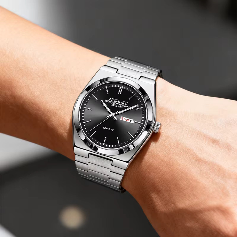 MEIRUIQI Armbanduhr Edelstahl, Quarz, Silber-Schwarz, Herren, Datum, Wochentag - Bild 5