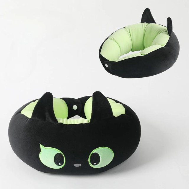 Schwarze Katze Serie U-förmiges Nackenkissen aus Baumwolle, Schwarz - Bild 1