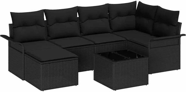 vidaXL Garten-Sofa-Set aus Polyrattan in Schwarz mit 7-teiliger Polsterung und Kissen in L-Form - Bild 1