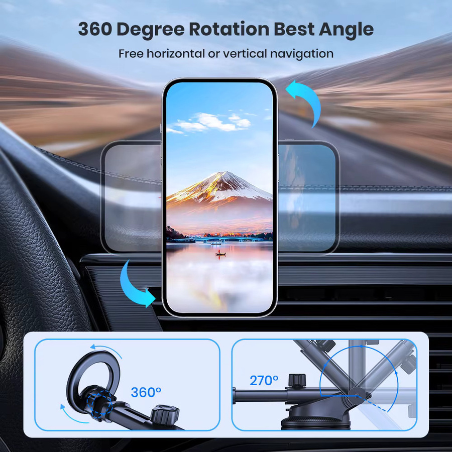 TOPK Magnetischer Autotelefonhalter für MagSafe mit N52 Starkmagnet, Saugnapf für das Armaturenbrett und verstellbarem Teleskoparm, Schwarz - Bild 4