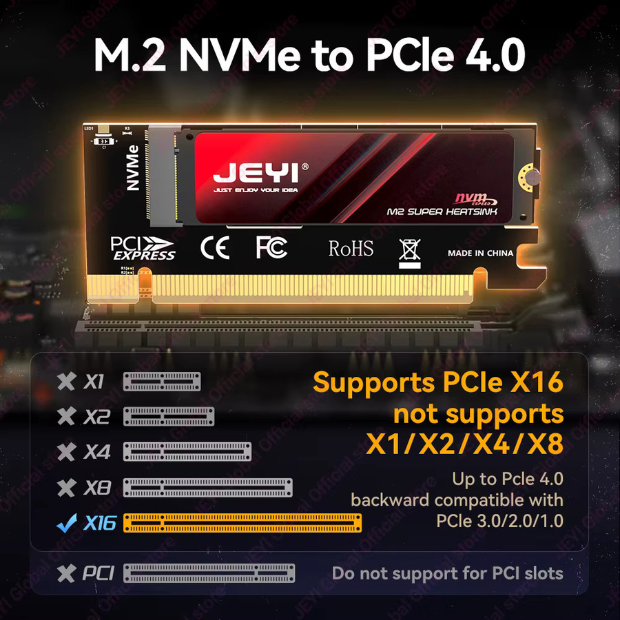 JEYI M.2 NVMe zu PCIe 4.0 X16 Adapterkarte in Schwarz, unterstützt bis zu 64Gbps und kompatibel mit NVMe SSDs der Formate 2280, 2260, 2242, 2230 bis 4TB - Bild 2