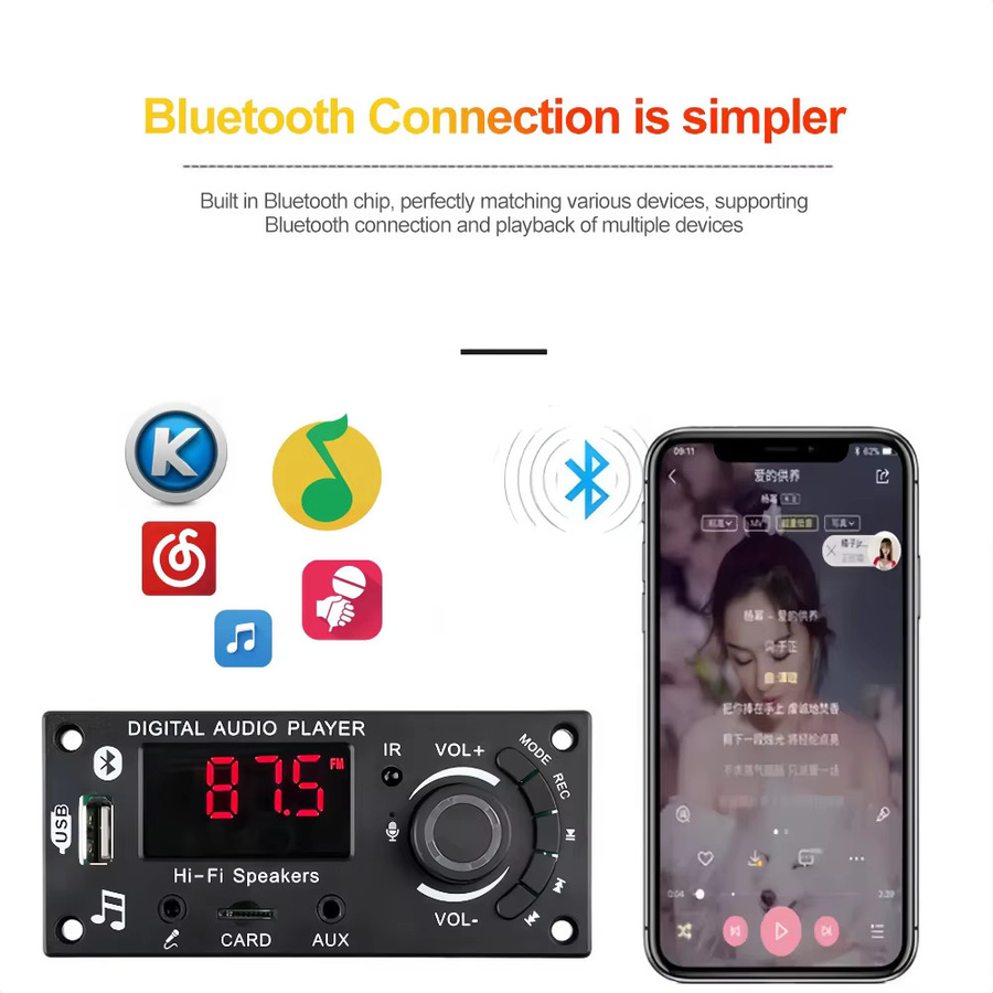 Kebidu Bluetooth 5.0 Verstärker Modul 100W mit MP3 WAV Decoder, USB, TF-Karte und FM-Radio in Schwarz - Bild 4