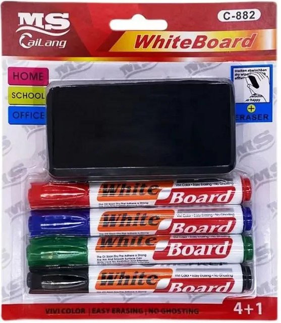 Binchi Cultural Supplies 4-teiliges Whiteboard-Marker-Set mit Radiergummi in Mehrfarbig und Schwarz mit Bullet-Spitze - Bild 1