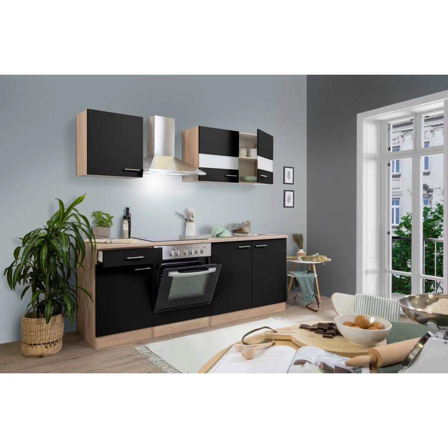 Respekta Küchenzeile KB210ESSC in Schwarz-Eiche Sägerau Nachbildung mit Glastüren und Soft-Close-Funktion, Breite: 210 cm, Tiefe: 55 cm - Bild 2