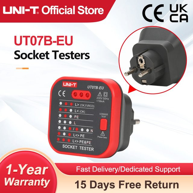 UNI-T UT07B-EU Steckdosenprüfer mit RCD-Lecktest und Polarity-Phasenprüfung in Rot - Bild 1